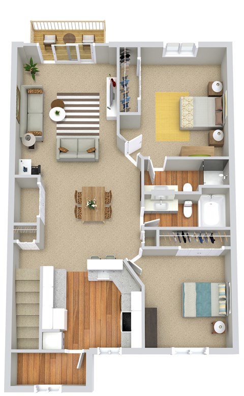 Floor plan for 2 beds, 2 baths, 1042 sqft